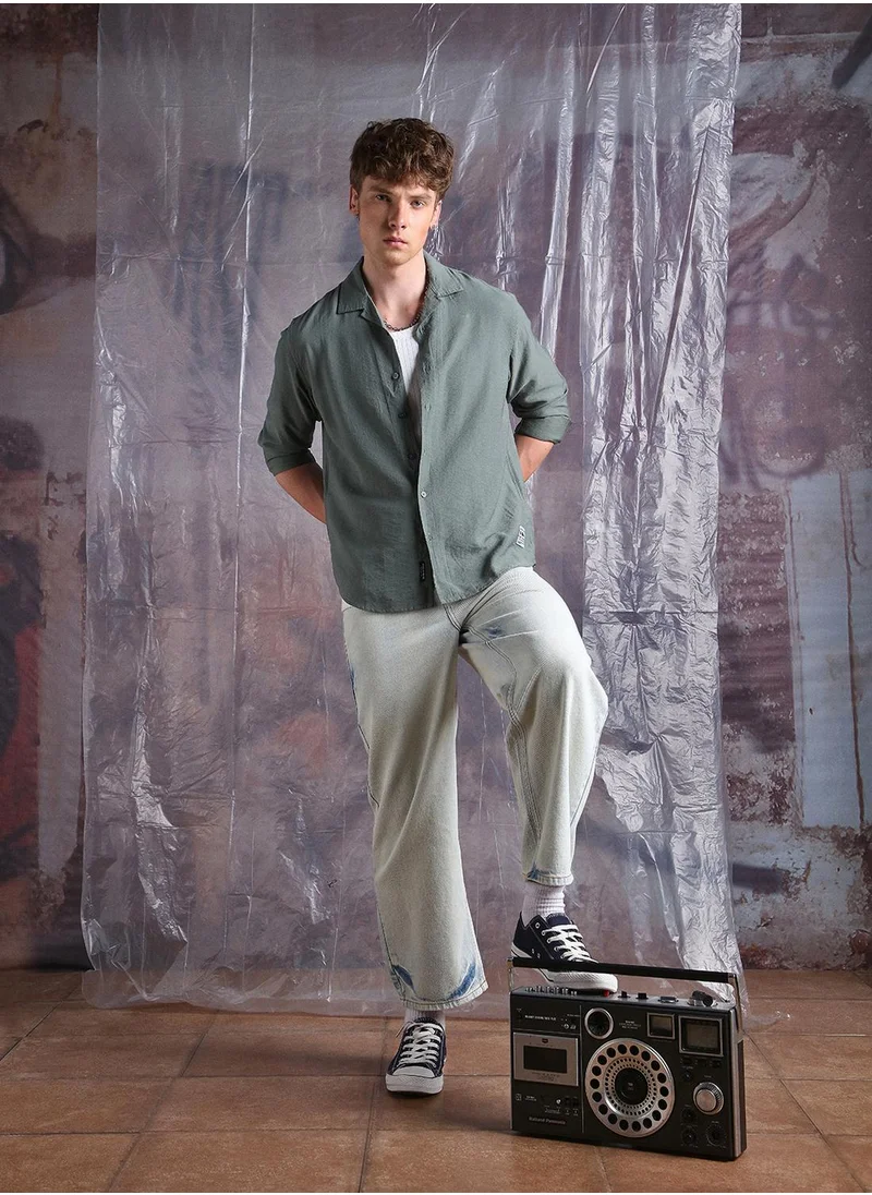 هوبرهولمي Men's Green Nylon Blend Solid Button Down Relaxed Fit Shirt