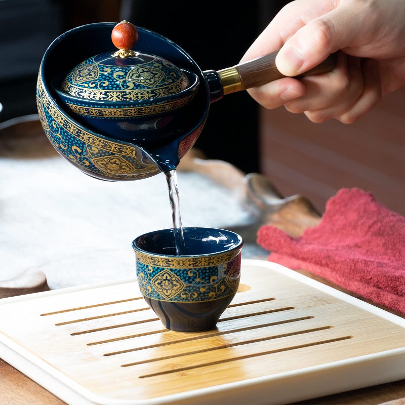 LURRIER Porcelain Chinese Gongfu Tea Set,Portable Teapot Set with 360 Rotation Tea maker and Infuser,Portable All in One Gift Bag for Travel,Home,Gifting,Outdoor and Office (Floral Blue) - Image 5