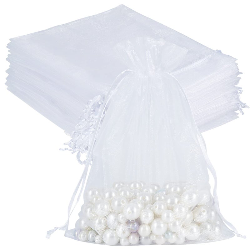 HRX Package 100pcs Sheer Organza Bags White 6 x 9 inches Christmas Wedding Shower Party Favors Gift Drawstring Bags Large Mesh Jewelry Pouches