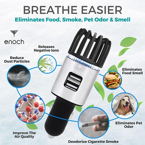 Enoch Car Air Purifier Premium Air Ionizer 12V PlugIn Ionic Ozone Deodorizer Accessory with Dual USB Car Charger Eliminates Cigarette Smoke Pet and Food Odors Dust Gray Silver - Image 3