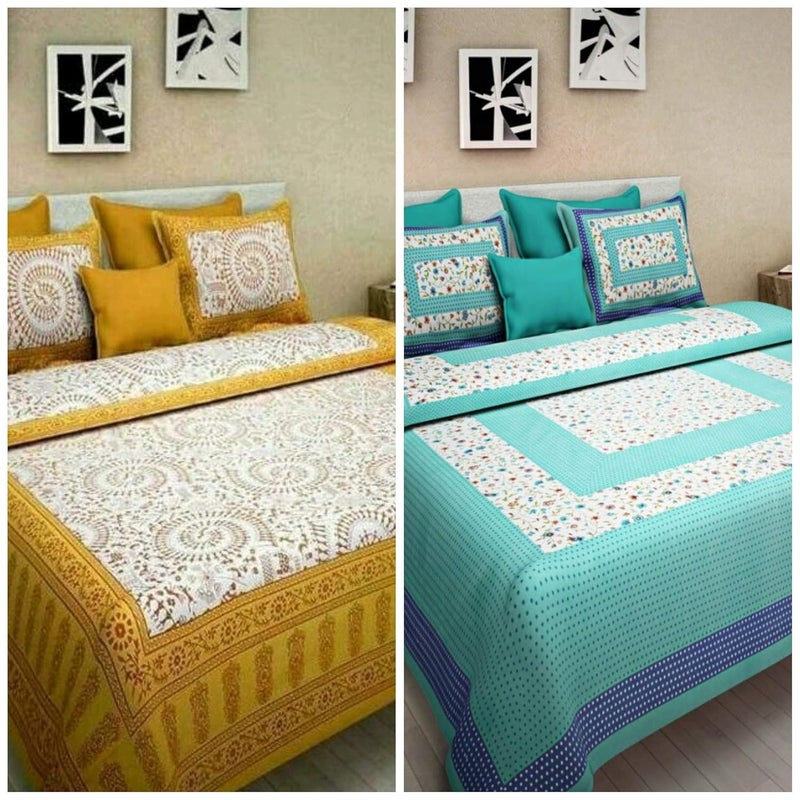 BedZone Cotton Paisley Rajasthani Jaipuri Combo Bedsheet with 4 Pillow Cover Multicolour Queen Set of 2 - Image 1