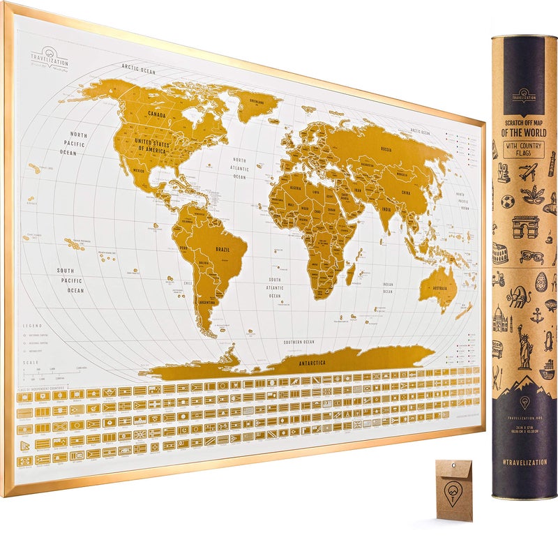 Travelization خريطة العالم القابلة للخدش من ترافليزيشن مع 196 علم دولة 24" × 17" خريطة سفر قابلة للتأطير بألوان زاهية وطلاء ذهبي فاخر، متتبع جميل للأماكن التي تمت زيارتها للمسافرين، أبيض - Image 1