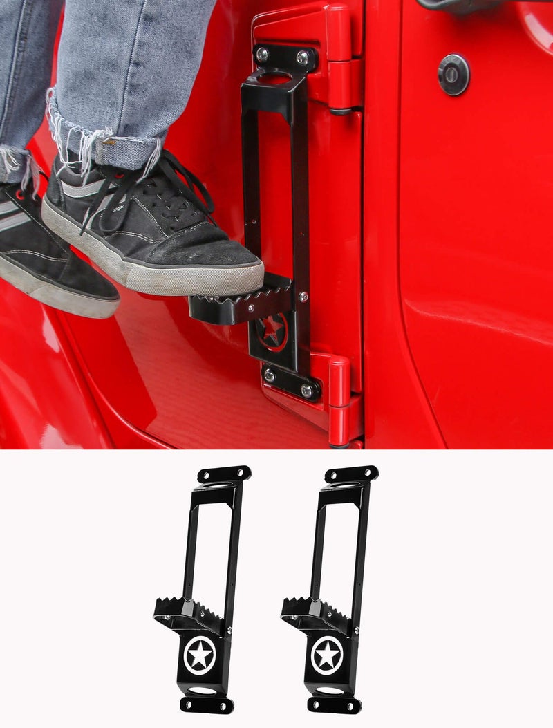 Savadicar 2 Pack Door Hinge Steps Foldable Metal Foot Pegs for 20072025 Jeep Wrangler JKJL 4XE Gladiator JT AntiRust Powder Coated Hinge Step for Easy Roof Access Star Pattern Design Black