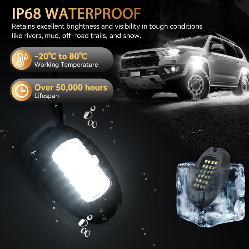 ZONECONA 4Pods Aluminum Housing Plug and Play All Pure White LED Rock Lights Kit with Switch Harness Wiring Extension,Quick Connect 6500K Metal Underglow 12V Waterproof for ATV UTV SXS RZR Offroad Four Wheeler - Image 4