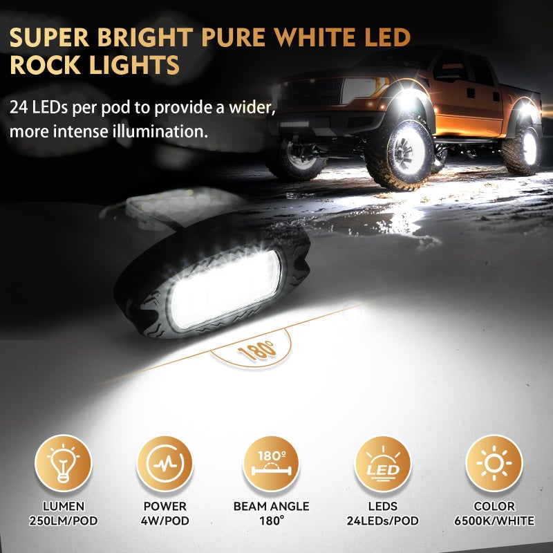 ZONECONA 4Pods Aluminum Housing Plug and Play All Pure White LED Rock Lights Kit with Switch Harness Wiring Extension,Quick Connect 6500K Metal Underglow 12V Waterproof for ATV UTV SXS RZR Offroad Four Wheeler - Image 2