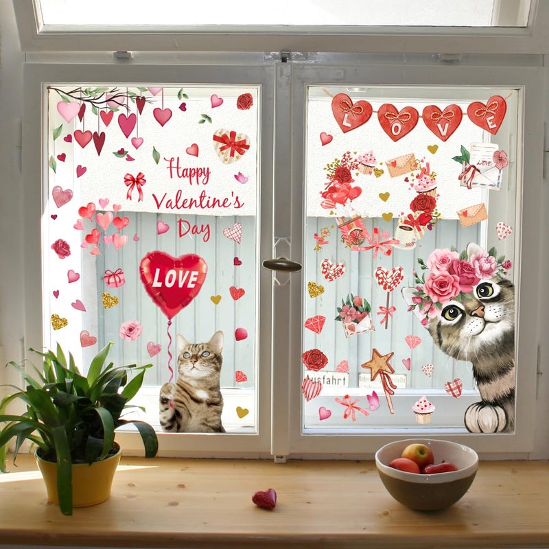Denylo pro 30.7 X 24.8 Inch Valentine's Day Window Clings Double-Side Valentine Cat Window Stickers Decals Romantic Love Heart Red Window Clings Stickers for Valentines Day Decoration Supplies - Image 3