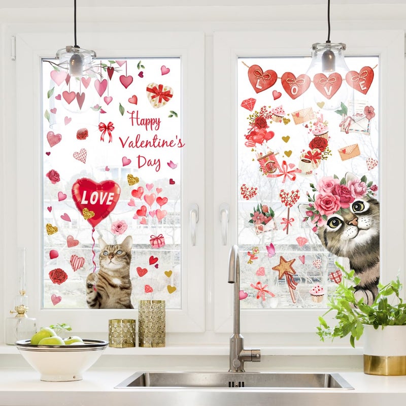 Denylo pro 30.7 X 24.8 Inch Valentine's Day Window Clings Double-Side Valentine Cat Window Stickers Decals Romantic Love Heart Red Window Clings Stickers for Valentines Day Decoration Supplies - Image 2