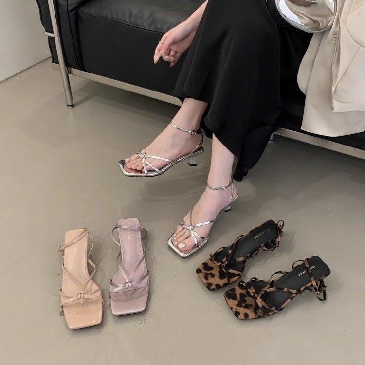 Women's Heeled Sandals with Kitten Heel and Cross Straps - Image 1
