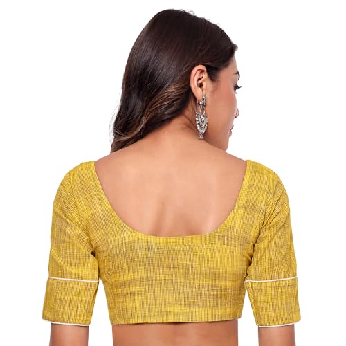 JISB Women's Cotton Micro Checks Elbiow Sleeve Blouse (38, Mustard) - Image 3