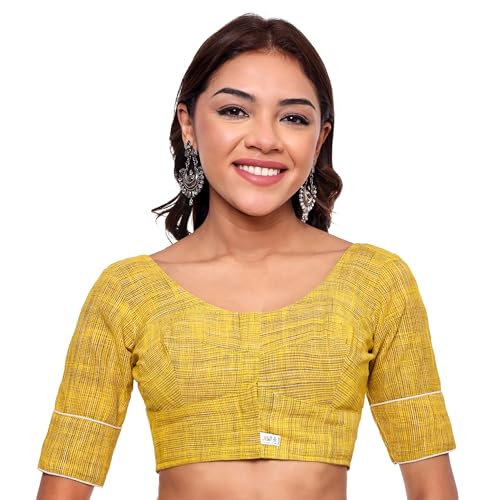 JISB Women's Cotton Micro Checks Elbiow Sleeve Blouse (38, Mustard) - Image 1