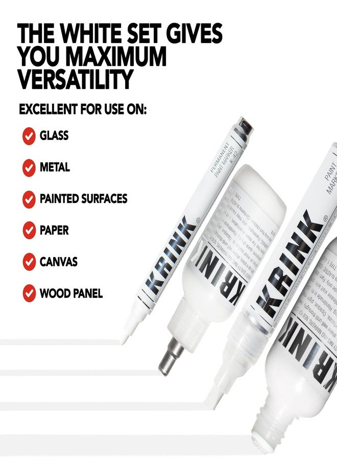 Krink Paint Marker 4-Pc White Set - Graffiti Markers Pack of 4 Includes K-60 Mop - K-66 Ball-Point - K-42 Bullet-Tip - K-75 Chisel-Tip - Alcohol-based White Paint Marker Set for Multiple Surfaces - Image 4
