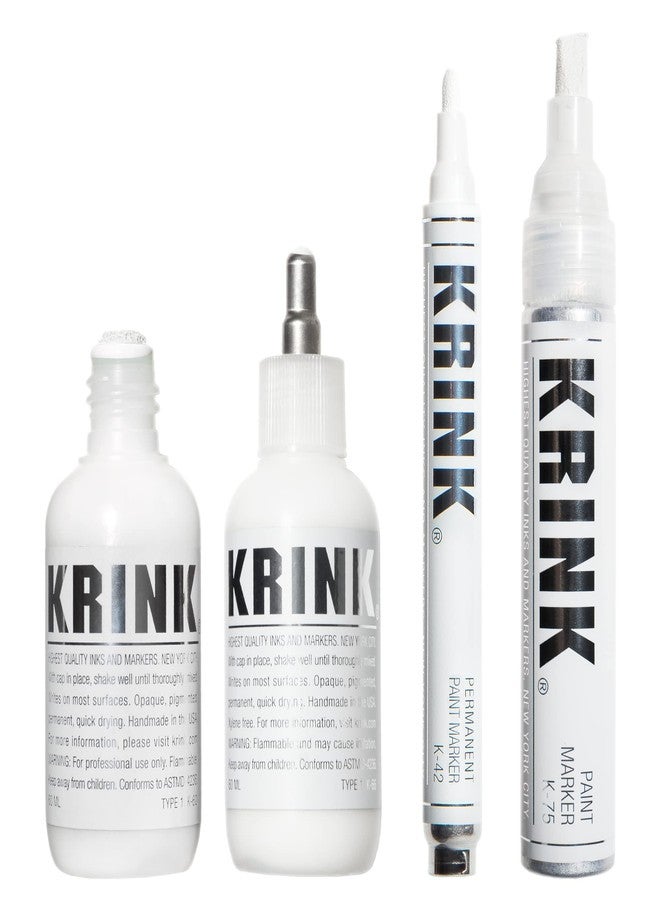 Krink Paint Marker 4-Pc White Set - Graffiti Markers Pack of 4 Includes K-60 Mop - K-66 Ball-Point - K-42 Bullet-Tip - K-75 Chisel-Tip - Alcohol-based White Paint Marker Set for Multiple Surfaces - Image 1