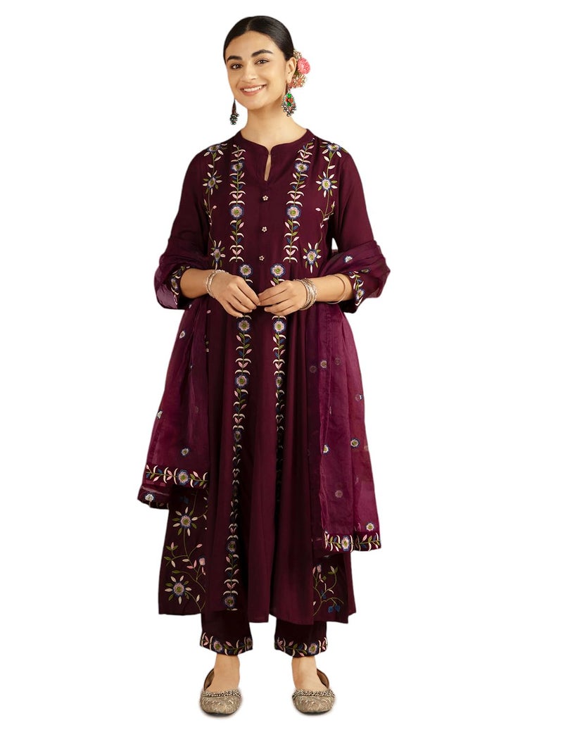 Kaari Women's Embroidered Kurta Set with Dupatta - Anarkali Fit | Organza Dupatta with Multi-color Embroidery | Straight Pant with Side Pocket | Kurta Set For Women - Image 4