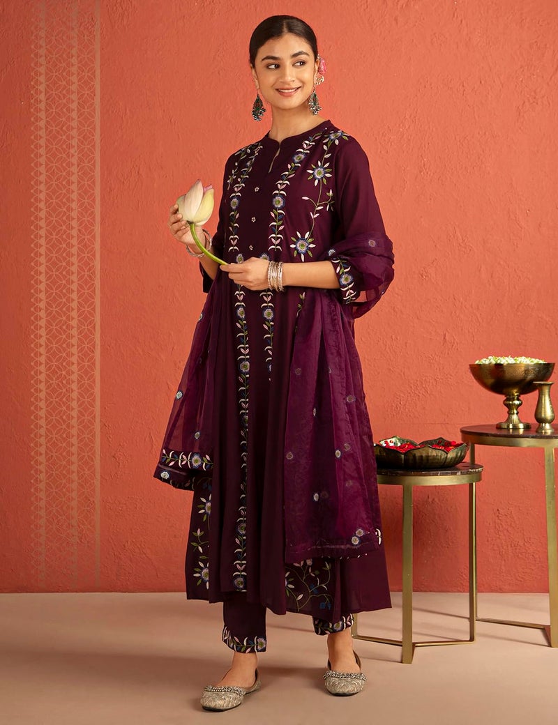 Kaari Women's Embroidered Kurta Set with Dupatta - Anarkali Fit | Organza Dupatta with Multi-color Embroidery | Straight Pant with Side Pocket | Kurta Set For Women - Image 2