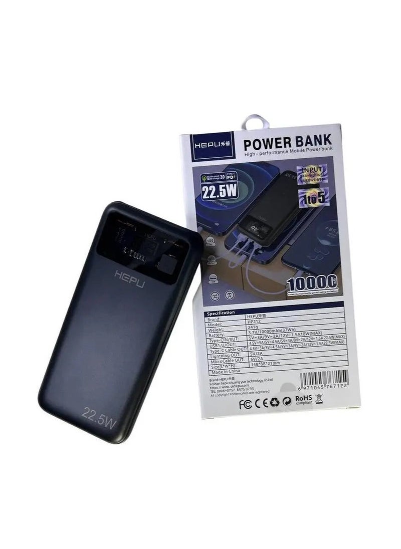 HEPU HP-212 10000mAh Power Bank | PD & QC 22.5W Fast Charging | High-Capacity Portable Charger for Smartphones, Tablets & USB Devices | Dual USB & Type-C Ports | Lightweight & Travel-Friendly Battery Pack  - Image 2