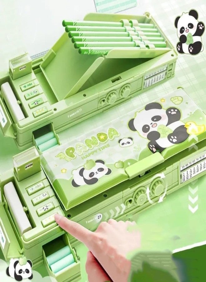 Funspark Panda Theme Push-Button Pencil Box for Kids | Cute Green Stationery Case with Multiple Compartments + Panda Push-Pull Eraser | Durable School Pencil Pouch for Boys & Girls - Image 2