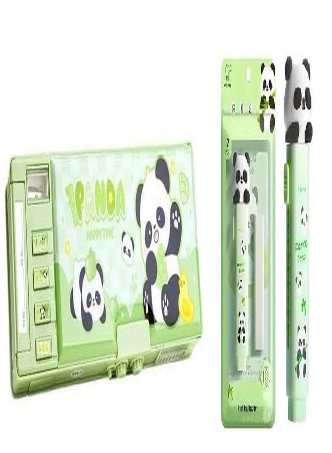Funspark Panda Theme Push-Button Pencil Box for Kids | Cute Green Stationery Case with Multiple Compartments + Panda Push-Pull Eraser | Durable School Pencil Pouch for Boys & Girls - Image 1