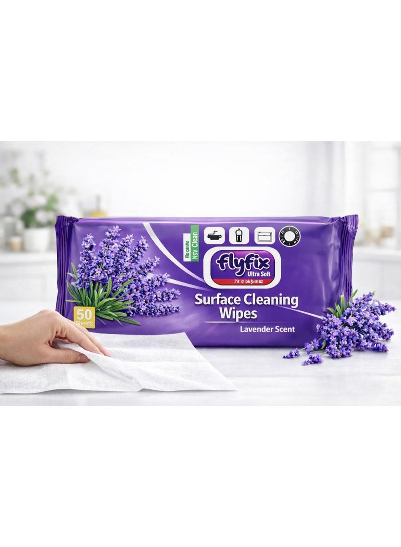 Flyfix Lavender Scented Surface Cleaning Wipes 50 Wipes – Multi Purpose Cleaning Wet Wipes - Image 1