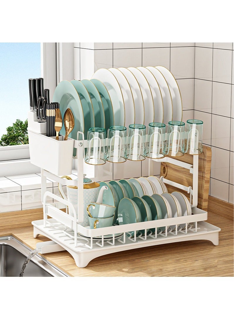 Haidue 2 Tier Foldable Dish Drying Rack with Utensil Holder & Cutting Board Holder & Drainboard Tray, Rotatable Drainage System Scratch Resistant Frosted Baking Process Coatings, Large White HD-ZWJ60  - Image 1