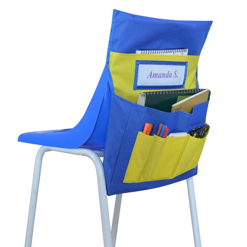 EAMAY Seat Storage Pocket Chairback Buddy Pocket Chart Organizer with Name tag and 6 Storage Pockets Blue and Yellow