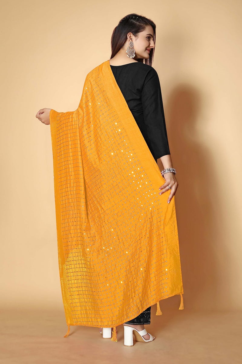 KEMZA Women's Embroidered Mirror Cotton Dupatta (Yellow_Free size) with Rajasthani Aari Work - Image 4