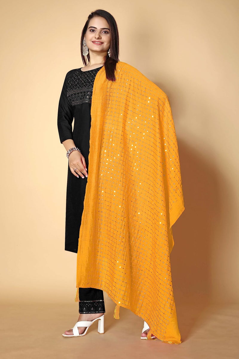 KEMZA Women's Embroidered Mirror Cotton Dupatta (Yellow_Free size) with Rajasthani Aari Work - Image 3