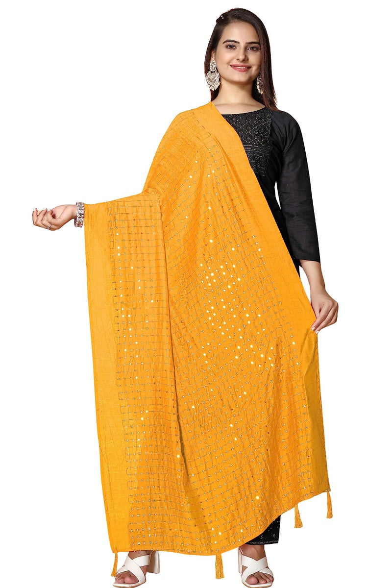 KEMZA Women's Embroidered Mirror Cotton Dupatta (Yellow_Free size) with Rajasthani Aari Work - Image 1