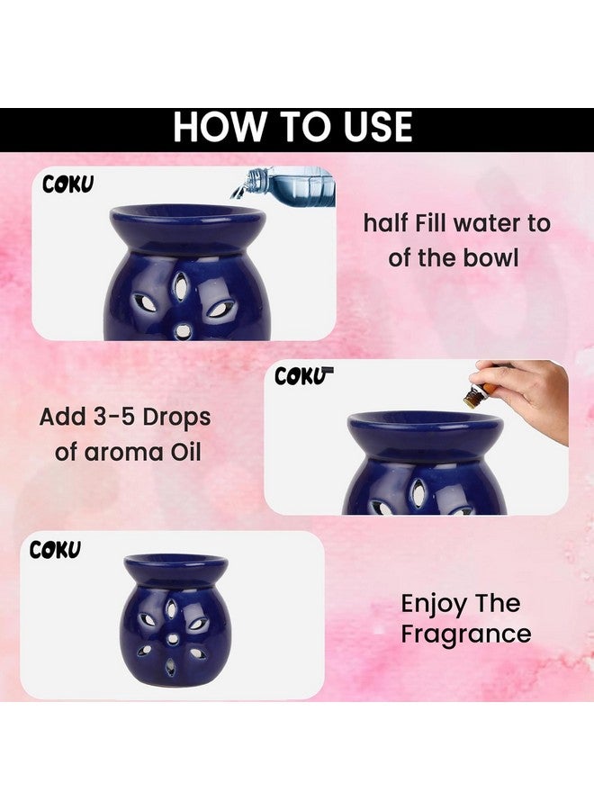 coku Coku Ceramic Diffuser Pot Essential Oil Burner Clay Lamp Wax Warmer Aromatherapy Oil Diffuser with 4 Tea Lights & 10ml Lavender Aroma Oil for Home, Office Spa, Meditation Or Yoga (Blue) - Image 4