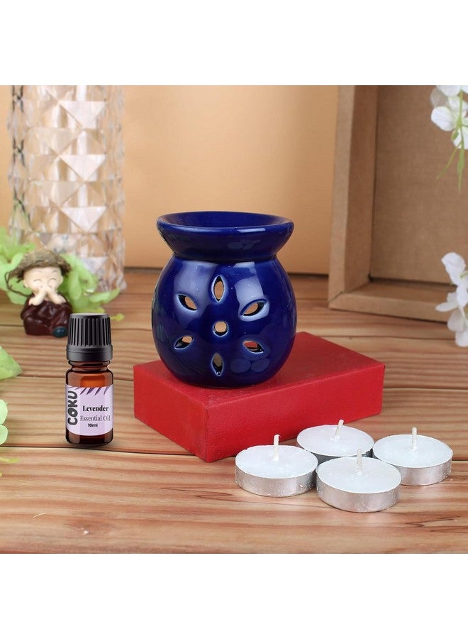 coku Coku Ceramic Diffuser Pot Essential Oil Burner Clay Lamp Wax Warmer Aromatherapy Oil Diffuser with 4 Tea Lights & 10ml Lavender Aroma Oil for Home, Office Spa, Meditation Or Yoga (Blue) - Image 1