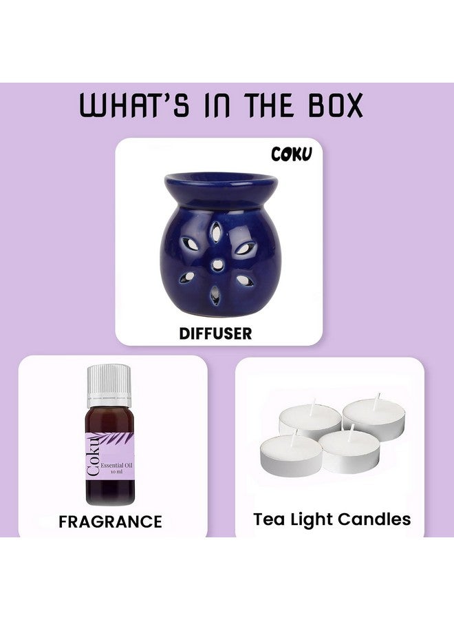 coku Coku Ceramic Diffuser Pot Essential Oil Burner Clay Lamp Wax Warmer Aromatherapy Oil Diffuser with 4 Tea Lights & 10ml Lavender Aroma Oil for Home, Office Spa, Meditation Or Yoga (Blue) - Image 3