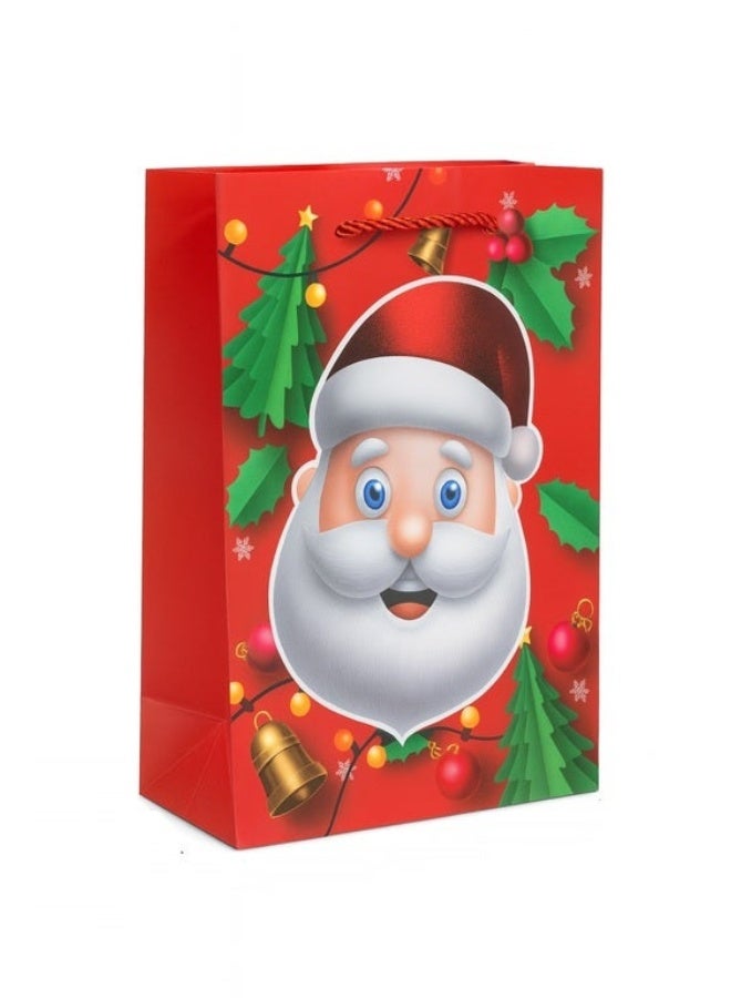 Bright Red Christmas Gift Bag: Happy Santa Face with Holly and Jingle Bells (small) - Image 1