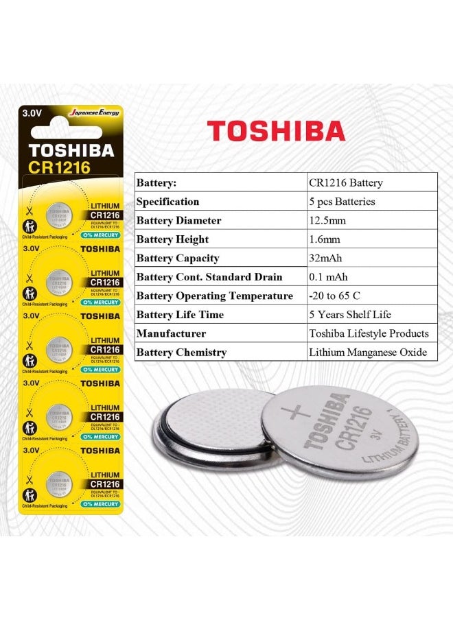 Toshiba Pack Of 5 - Cr1216 3V Lithium Coin Cell Battery Batteries  - Image 1