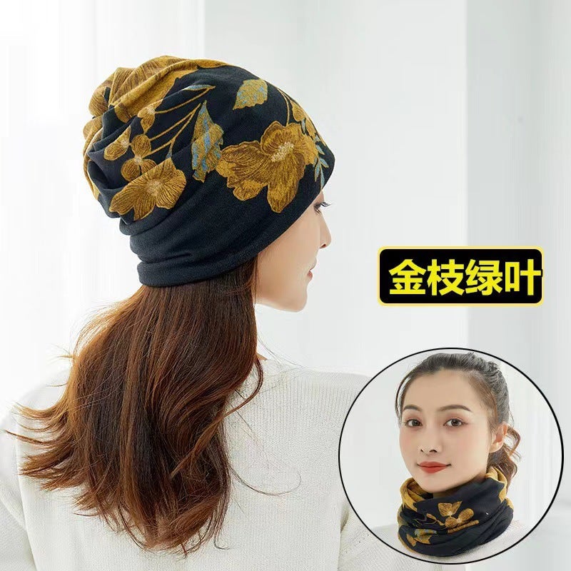 Unisex Knitted Twist Beanie Scarf Set Upgraded-Golden Branches and Green Leaves 