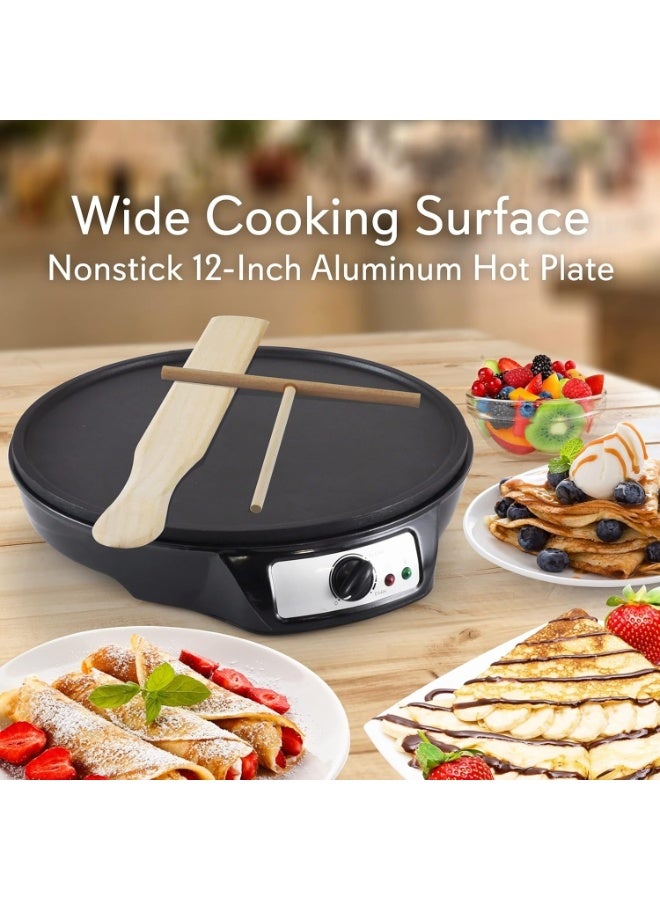 12 Inch Electric Crepe Maker Nonstick Griddle, Adjustable Temperature Pancake Maker, Includes Wooden Spatula & Batter Spreader for Roti, Tortilla, Eggs - Image 2