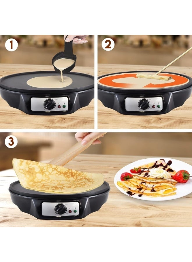 12 Inch Electric Crepe Maker Nonstick Griddle, Adjustable Temperature Pancake Maker, Includes Wooden Spatula & Batter Spreader for Roti, Tortilla, Eggs - Image 3