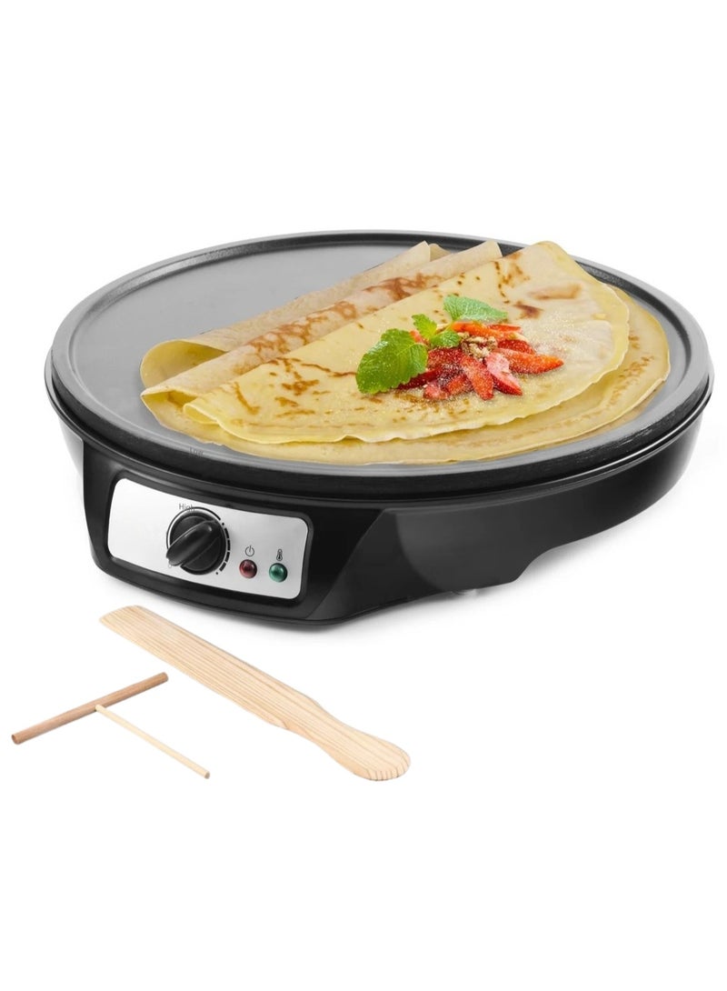 12 Inch Electric Crepe Maker Nonstick Griddle, Adjustable Temperature Pancake Maker, Includes Wooden Spatula & Batter Spreader for Roti, Tortilla, Eggs - Image 1