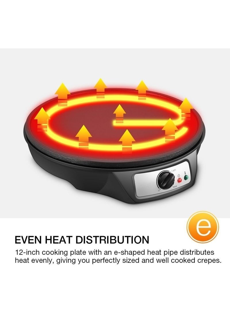 12 Inch Electric Crepe Maker Nonstick Griddle, Adjustable Temperature Pancake Maker, Includes Wooden Spatula & Batter Spreader for Roti, Tortilla, Eggs - Image 4