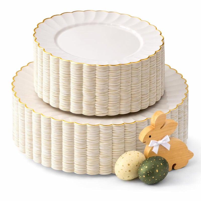 By Madee HEAVYWEIGHT 100 Pc Ivory and Gold Easter Plastic Plates for Party | Ivory and Scalloped with Gold Trim 50 Dinner & 50 Dessert Heavy Duty Disposable Plates | Elegant and Fancy (50 Guests) - Image 1