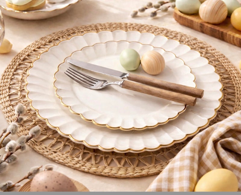 By Madee HEAVYWEIGHT 100 Pc Ivory and Gold Easter Plastic Plates for Party | Ivory and Scalloped with Gold Trim 50 Dinner & 50 Dessert Heavy Duty Disposable Plates | Elegant and Fancy (50 Guests) - Image 3