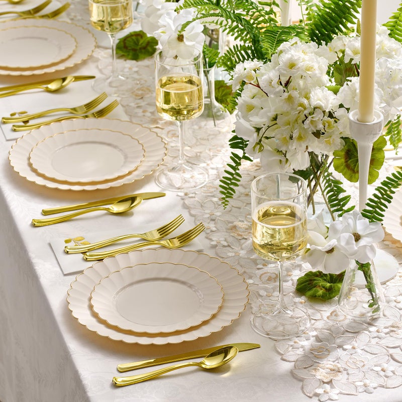 By Madee HEAVYWEIGHT 100 Pc Ivory and Gold Easter Plastic Plates for Party | Ivory and Scalloped with Gold Trim 50 Dinner & 50 Dessert Heavy Duty Disposable Plates | Elegant and Fancy (50 Guests) - Image 5