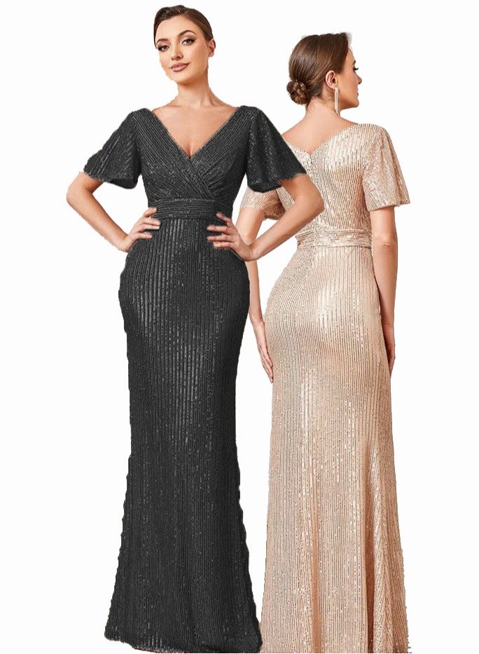 GEXUAN The V-neck short-sleeved, form-fitting long fishtail evening dress is suitable for formal occasions such as banquets and parties - Image 1