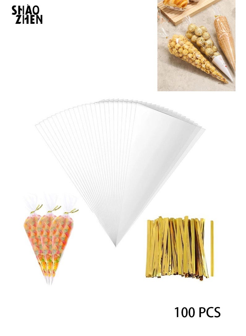 SHAOZHEN 100 Pcs Clear Plastic Cone Shaped Treat Bags with 100 Twist Ties for Party Favor, Gift Wrapping, Packaging Decorations Storage - Image 1