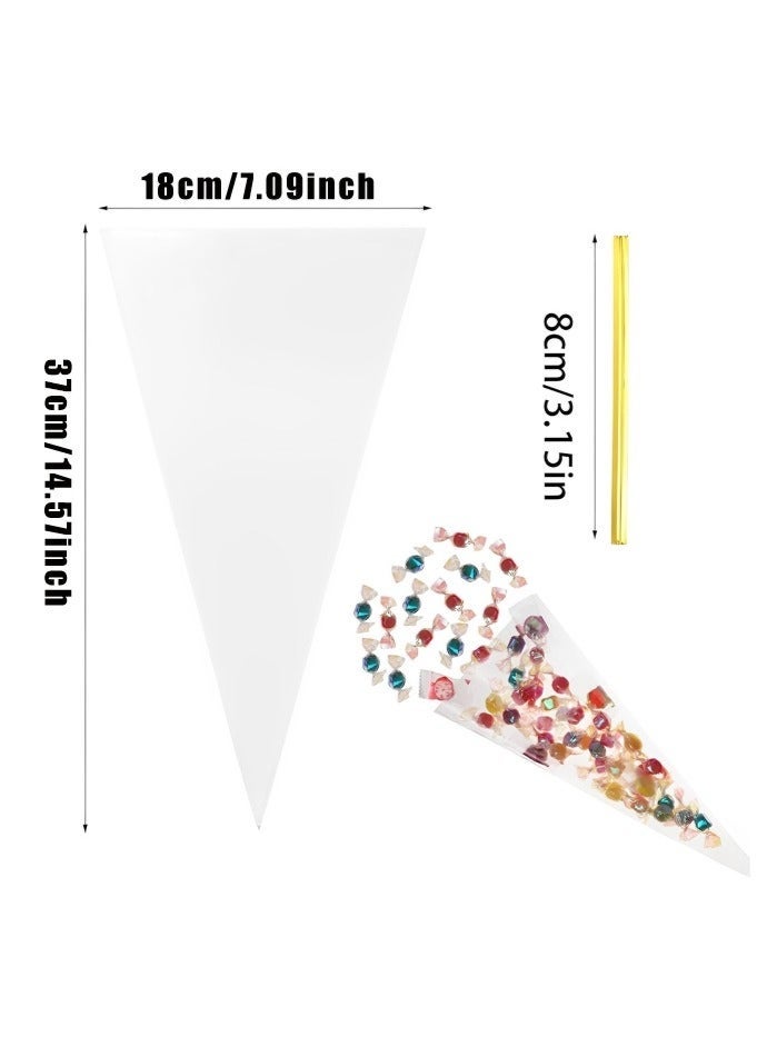 SHAOZHEN 100 Pcs Clear Plastic Cone Shaped Treat Bags with 100 Twist Ties for Party Favor, Gift Wrapping, Packaging Decorations Storage - Image 2