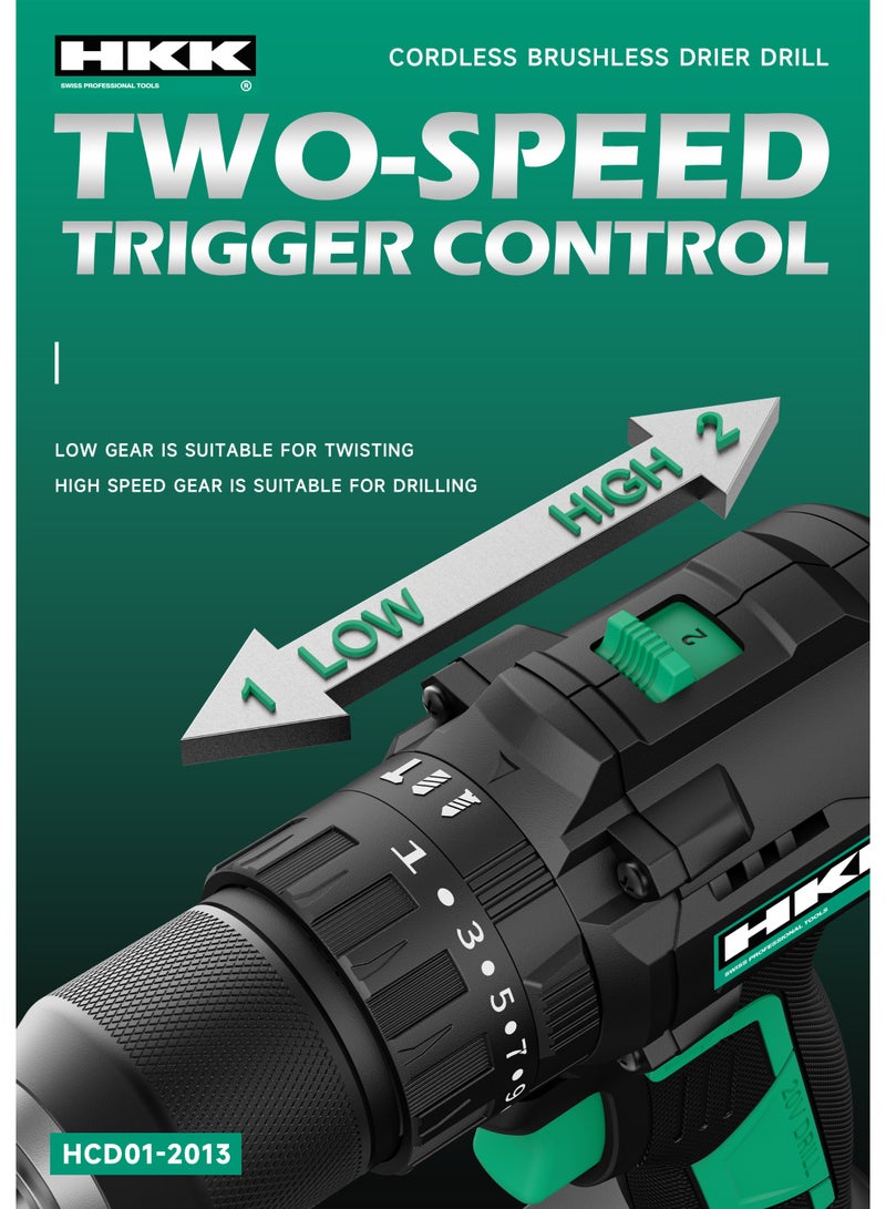 HKK 20V Professional Brushless Cordless Drill Driver | 70Nm Max Torque | 2-Speed (0-600/2000RPM) | 10mm Max Drilling | 2 × 2Ah Li-ion Batteries | Power Drill for Wood, Metal & Professional DIY - Image 4