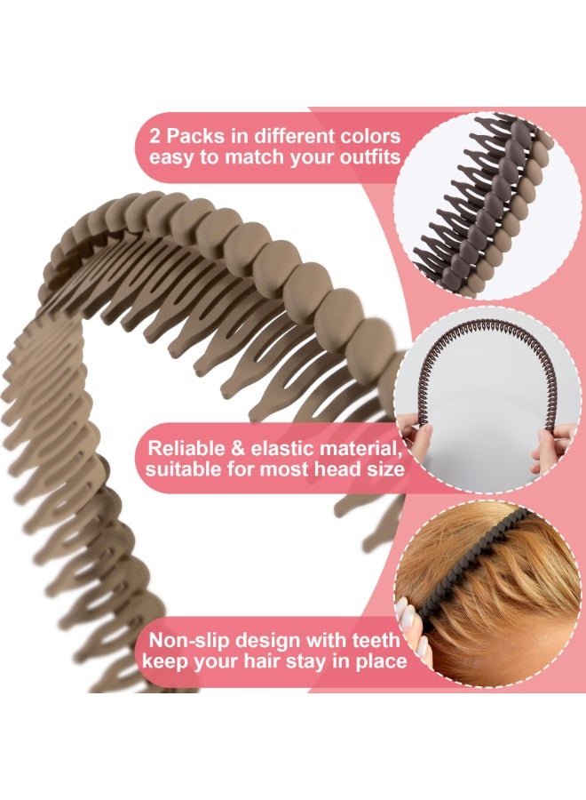 2 Pcs Non-Slip Toothed Comb Headbands, Plastic Hair Bands with Teeth, Comfort Hair Accessories, Size 4.3''×0.7'', Khaki & Coffee - Image 3