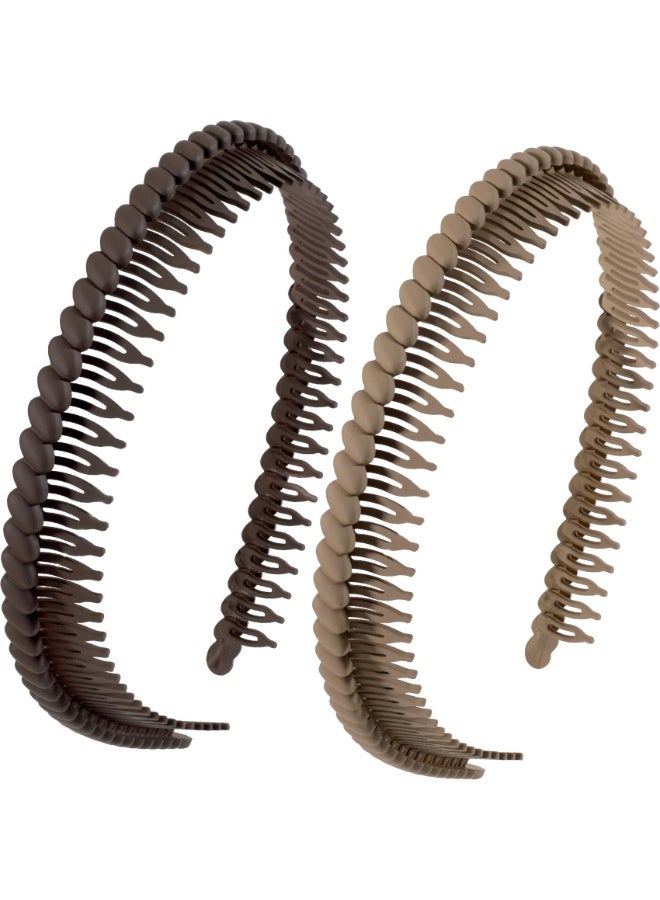 2 Pcs Non-Slip Toothed Comb Headbands, Plastic Hair Bands with Teeth, Comfort Hair Accessories, Size 4.3''×0.7'', Khaki & Coffee - Image 1