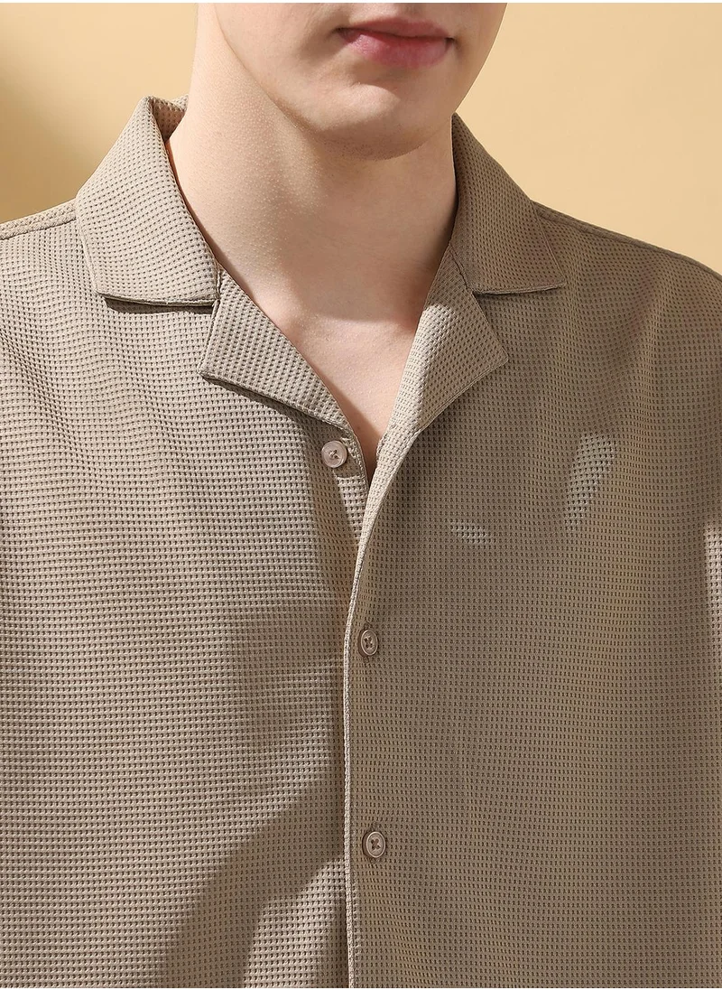 دينيس لينغو Beige Relaxed fit Shirts Textured design crafted from 100% Polyester featuring Half Sleeve with Button closure.