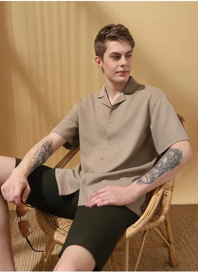 دينيس لينغو Beige Relaxed fit Shirts Textured design crafted from 100% Polyester featuring Half Sleeve with Button closure.