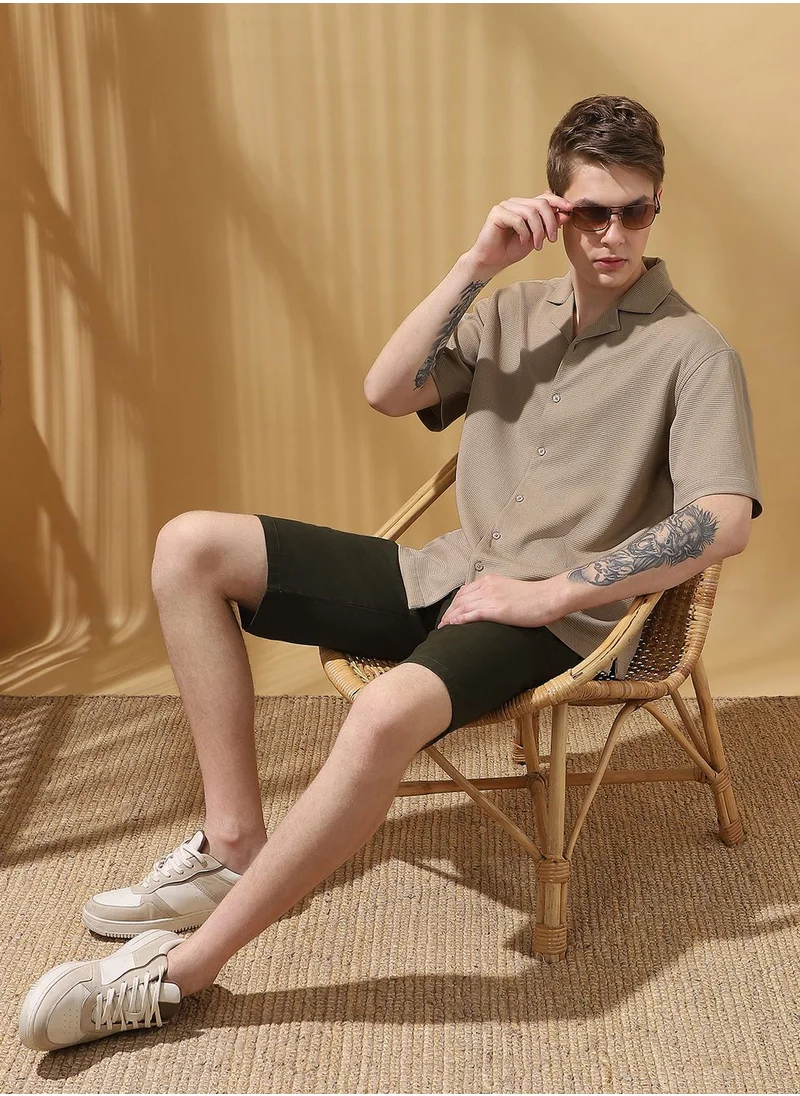 دينيس لينغو Beige Relaxed fit Shirts Textured design crafted from 100% Polyester featuring Half Sleeve with Button closure.
