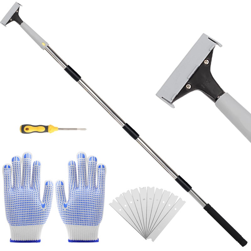Greeily Floor Scraper 31 to 61 Scraper Tool Long Handle with 4inch Razor Blade Stainless Steel Material Adjustable Cleaning Glass Wall Gum Paint Tile Glue Linoleum Carpet Sturdy Durable 